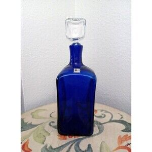 Vintage Blenko Cobalt Blue Glass Decanter Bottle Large pinched square